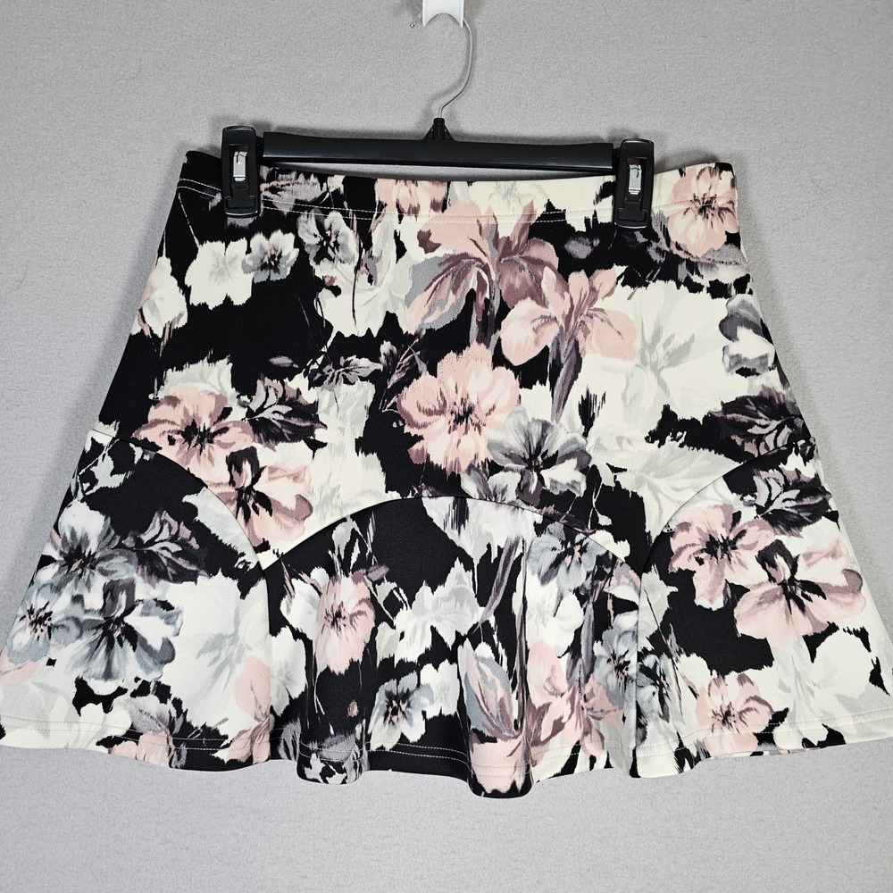 Warehouse Floral Mini Skirt Womens UK 14 Black Pink High Waisted Flounce Hem